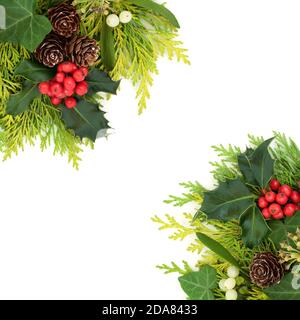 Le houx et la flore d'hiver traditionnels bordent avec du GUI, de l'ivy, du sapin cyprès de cèdre et des cônes de pin. Verdure naturelle pour le solstice, Noël et le nouvel an Banque D'Images
