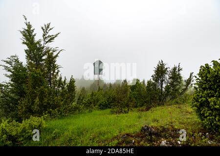 Pavillon de chasse et poste d'observation, Tara de montagne, route vers fort Solotnik, belle forêt, grande végétation, et brume matinale Banque D'Images