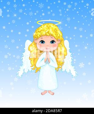 Petit ange sur fond d'hiver. Ange fille avec des boucles, avec des ailes et un halo. Illustration de Vecteur