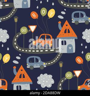 Voiture urbaine sur une route à motif vectoriel fluide. Dessin animé de voyage pour bébé garçon sur fond bleu foncé. Illustration de Vecteur