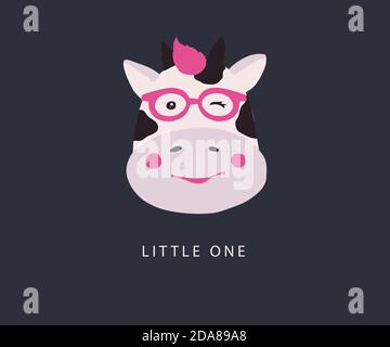 Joli visage de vache vectoriel. Tête d'animal avec carte de lunettes. 2021 panneau du nouvel an. Dessin animé amusant pour enfant Illustration de Vecteur