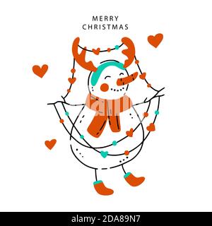 Icône bonhomme de neige avec coeur et guirlande. Illustration vectorielle Noël hiver vacances. Carte de Noël à motif de caniche à la main. Symbole traditionnel du nouvel an. Illustration de Vecteur