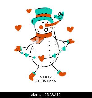 Joyeux bonhomme de neige avec coeur et guirlande. Illustration vectorielle Noël hiver vacances. Carte de Noël à motif de caniche à la main. Symbole traditionnel du nouvel an. Illustration de Vecteur