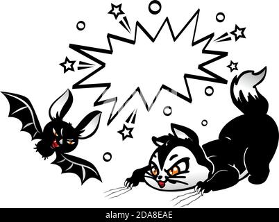 Personnages d'Halloween - chat noir et chauve-souris en colère, bulle de la bande dessinée. Illustration, vecteur Illustration de Vecteur