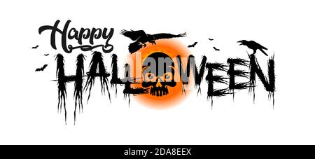 Affiche de fête d'Halloween avec éléments d'horreur: Pleine lune, crâne, corbeau volant, chauve-souris. Illustration, vecteur Illustration de Vecteur