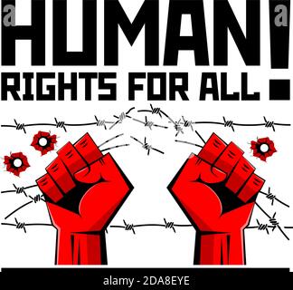 Les droits de l'homme POUR TOUS. Les mains humaines déchirent le fil barbelé. Propagande, affiche, vecteur Illustration de Vecteur