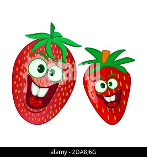 Jolie fraise isolée sur fond blanc. Des fruits de dessin animé avec visage drôle. Caractère fraise rouge et mûr, mascotte gaie. Illustration vectorielle Illustration de Vecteur