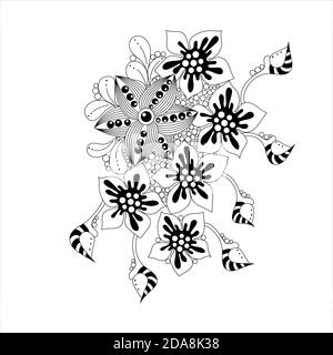 Fleurs en noir et blanc, motif floral zen, couleurs antistress. Illustration vectorielle dessinée à la main. Illustration de Vecteur