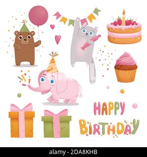 Ensemble d'animaux mignons pour un joyeux anniversaire Illustration de Vecteur