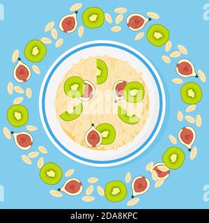 Granola, figue, kiwi dans un bol sur fond bleu. Fruits muesli petit déjeuner naturel sain. Nourriture saine, flocons d'avoine, illustration de dessin animé vectoriel. Illustration de Vecteur