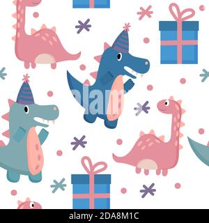 Motif sans couture joli dinosaure dans un dessin animé de style, Joyeux anniversaire. Isolé sur fond blanc. Illustration vectorielle plate. Illustration de Vecteur