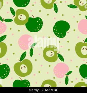 Motif sans couture avec pommes vertes et roses, sur fond vert clair. Illustration de dessin animé vectoriel. Illustration de Vecteur
