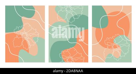 Ensemble de collage contemporain pastel abstrait avec fleurs stylisées et formes simples, motif floral. Illustration vectorielle moderne de patchwork. Illustration de Vecteur