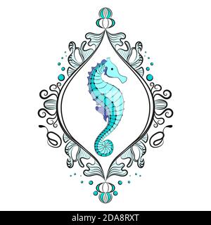 Hippocampe à cadre unique. Époque victorienne, magnifique cadre. La composition est bleue. Arrière-plan blanc isolé. Illustration de Vecteur