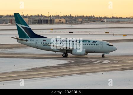 WestJet Boeing 737 arrivant en soirée à l'aéroport international de Calgary Aéroport (YYC) Banque D'Images