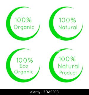 ensemble d'étiquettes biologiques à 100 %. Collection de symboles naturels et écologiques isolés sur du blanc Illustration de Vecteur