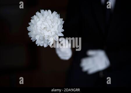 Deuil tenant des fleurs aux funérailles Banque D'Images