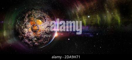 Planète avec des cratères en forme de bulles dans l'espace avec des vagues de lumière. Éléments de cette image fournis par la NASA. Banque D'Images