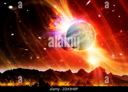 Paysage fantastique de planète extraterrestre. Fond d'écran SCI-fi. Éléments de cette image fournis par la NASA. Banque D'Images