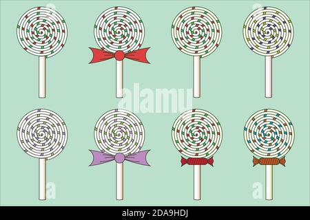 Ensemble de bonbons de Noël à rayures spiralées, technique de conception plate. Icônes de friandises et gâteries de vacances Illustration de Vecteur