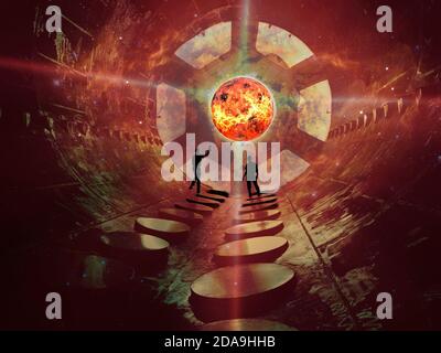 Exploration de l'activité solaire SCI fi. Les chercheurs de l'espace se tiennent à l'intérieur d'un navire de recherche technologique et regardent le soleil de près à travers le hublot. Éléments o Banque D'Images