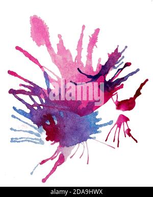 Éclat réaliste d'une peinture violette et bleue vive. Feu à l'aquarelle abstrait transparent. Arrière-plan blanc. Banque D'Images