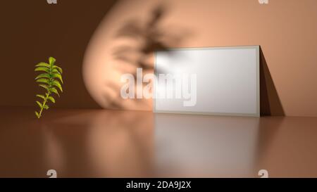 Arrière-plan rectangulaire au niveau de la table près du mur avec ombre à la paume de la feuille pour afficher vos projets. Vierge pour l'exposition. Supports mixtes. Banque D'Images