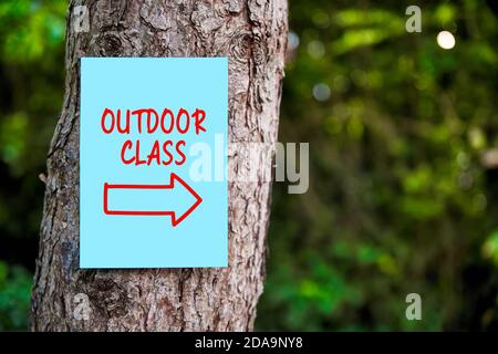 Enseigne de classe extérieure avec une flèche écrite sur du papier monté sur un arbre dans la forêt. Éducation en plein air. Banque D'Images