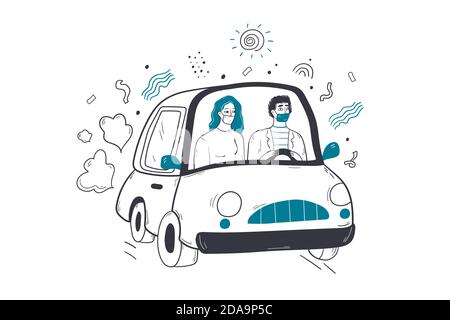 Santé, coronavirus, concept de voyage. Jeune couple homme femme à l'intérieur de soins route de conduite portant des masques de protection. Restrictions de voyage sur l'illustration de la lutte contre la pandémie COVID 19 et de la protection médicale Illustration de Vecteur
