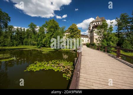 Vue sur l'étang jusqu'au château de Blatna Banque D'Images