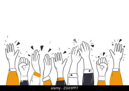 Applaudissements, félicitations, concept de soutien. Les bras des personnages divers applaudissent félicitant de applaudir les mains ensemble. Le public montre l'accueil ovation ou l'illustration du geste d'applaudisement. Illustration de Vecteur