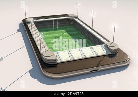 Un concept numérique-physique montrant un smartphone avec un un stade de rugby illuminé et intégré à l'écran le jour même Arrière-plan temporel - rendu 3D Banque D'Images