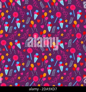 Motif sans couture avec icônes décoratives de fête d'anniversaire, gâteau d'anniversaire, crème glacée, confetti et assortiment de sucettes colorées dans un style moderne et plat Illustration de Vecteur