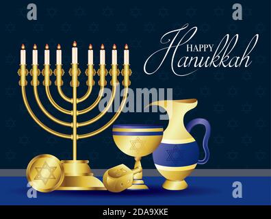 carte de célébration hanukkah avec lustre doré et icônes illustration vectorielle Illustration de Vecteur