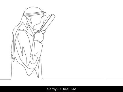 Un dessin d'une seule ligne de jeune musulman embrassant le Coran dans un tissu arabe traditionnel shmag. Journée sainte islamique Eid Mubarak carte de voeux concept conti Illustration de Vecteur