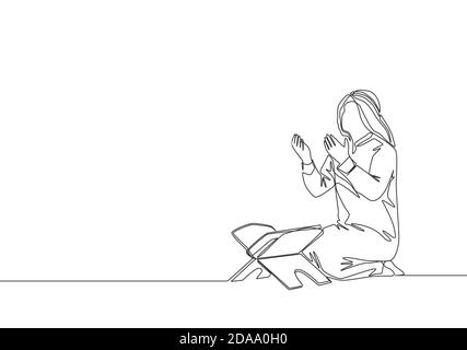 Un dessin continu de jeune musulman lève et ouvre les mains priant derrière coran. Le jour Saint islamique Ramadan Kareem et Eid Mubarak prient con Illustration de Vecteur