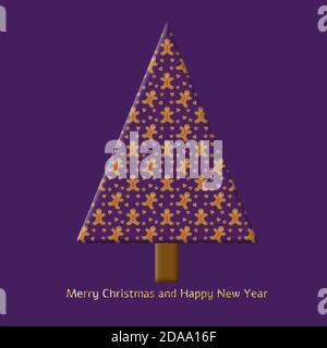 arbre de Noël en forme de triangle 3d avec pain d'épice sur fond violet. Illustration de la carte de vœux. Banque D'Images