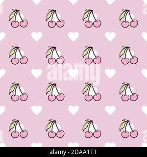 Mignons cerises et coeurs rose pastel, joli motif girly aux fruits. Motif mignon, cerises et coeurs, vecteur cerise Illustration de Vecteur