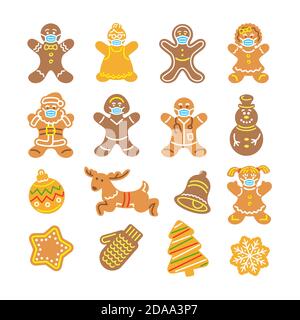 Biscuits de pain d'épice de Noël dans des masques médicaux. Icônes vectorielles plates simples d'hommes de pain d'épice cuits, Père Noël, médecin et infirmière, renne, flocon de neige, Illustration de Vecteur