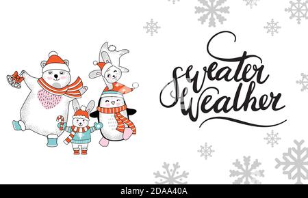 Horizontal vecteur carte de Noël personnages Sweater Weather Illustration de Vecteur