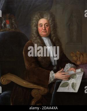 Sir Hans Sloane, Baronet (1660-1753). Médecin et naturaliste irlandais. Portrait de Stephen Slaughter (1697-1765). Huile sur toile (125,7 x 101 cm), 1736. Sloane est montré tenant un dessin d'une plante jamaïcaine de son livre sur les Antilles. Galerie nationale de portraits. Londres, Angleterre, Royaume-Uni. Banque D'Images