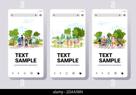 ensemble de combinaison de mères de course marchant avec nouveau-nés bébés femmes pratiquant yoga parc urbain paysage fond smartphone écrans collection pleine longueur illustration du vecteur horizontal de l'espace de copie Illustration de Vecteur
