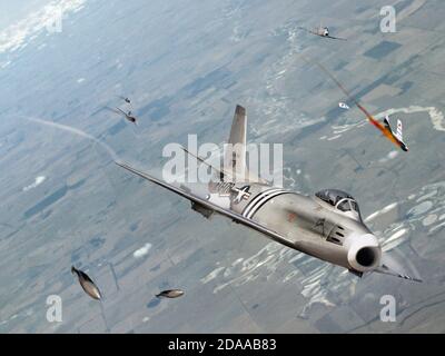 Les chasseurs de sabre F86 nord-américains dueling avec des avions MiG15 pendant la guerre de Corée. Un mélange de modèles en plastique et Photoshop. Banque D'Images