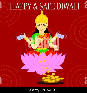 Déesse indienne Laxmi, fond de Diwali heureux et sûr avec masque médical. Festival des lumières ou Deepawali. Banque D'Images