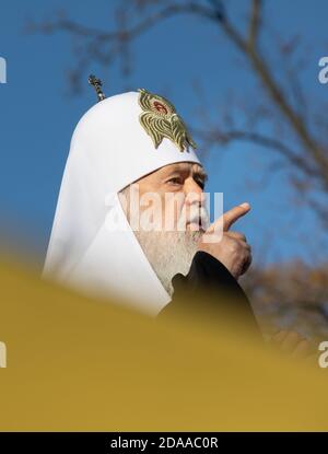 KIEV, UKRAINE - Okt 14, 2018: Primat de l'Eglise orthodoxe ukrainienne du Patriarcat de Kiev, Patriarche de Kiev et de tous les filaret Russie-Ukraine pendant la prière pour l'Ukraine sur la place Sofia, à Kiev Banque D'Images