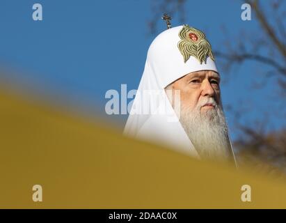 KIEV, UKRAINE - Okt 14, 2018: Primat de l'Eglise orthodoxe ukrainienne du Patriarcat de Kiev, Patriarche de Kiev et de tous les filaret Russie-Ukraine pendant la prière pour l'Ukraine sur la place Sofia, à Kiev Banque D'Images