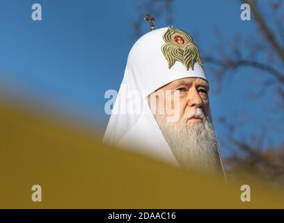 KIEV, UKRAINE - Okt 14, 2018: Primat de l'Eglise orthodoxe ukrainienne du Patriarcat de Kiev, Patriarche de Kiev et de tous les filaret Russie-Ukraine pendant la prière pour l'Ukraine sur la place Sofia, à Kiev Banque D'Images