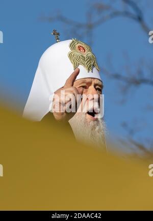 KIEV, UKRAINE - Okt 14, 2018: Primat de l'Eglise orthodoxe ukrainienne du Patriarcat de Kiev, Patriarche de Kiev et de tous les filaret Russie-Ukraine pendant la prière pour l'Ukraine sur la place Sofia, à Kiev Banque D'Images