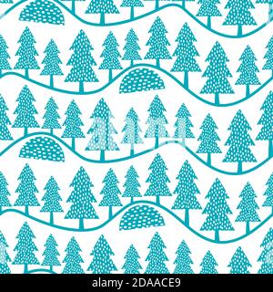 Magnifique vecteur folk art forêt paysage fluide vector motif arrière-plan. Toile de fond bleu blanc avec sapins en rangées sur des collines ondulées. Dessiné à la main Illustration de Vecteur
