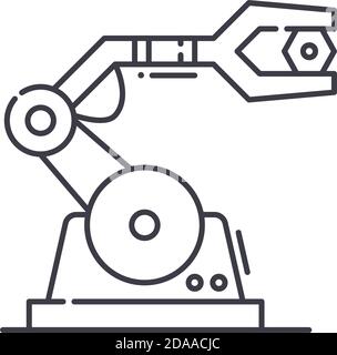 Icône de robot d'assemblage, illustration isolée linéaire, vecteur de ligne mince, signe de conception Web, symbole de concept de contour avec contour modifiable sur fond blanc. Illustration de Vecteur